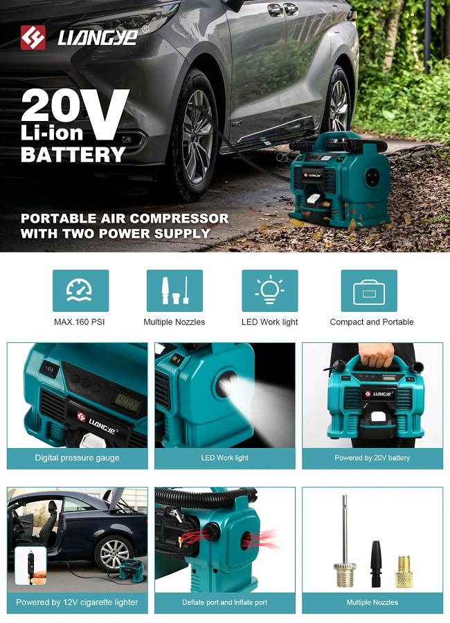 Liangye Rechargeable Battery Operated Power Tools 20V Cordless Portable Air Pump Car Tire Inflator