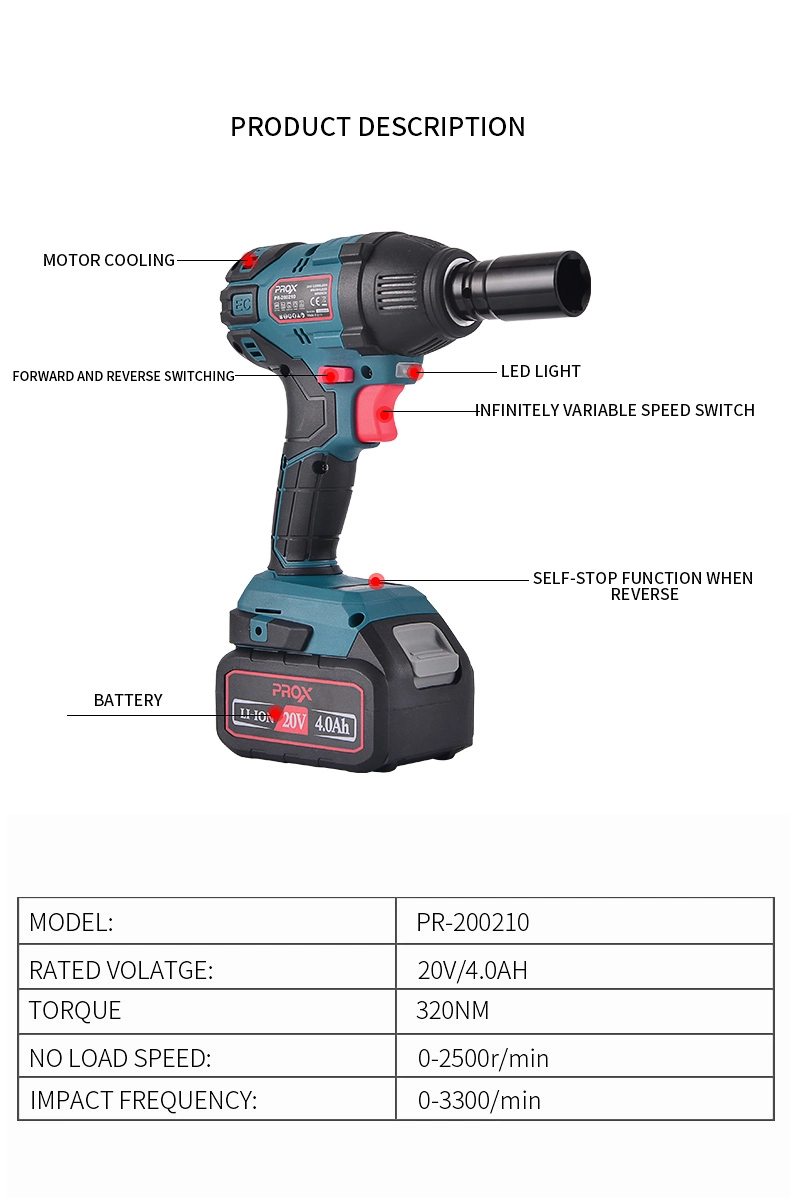 Prox 20V High Torque 280n. M 1/2&quot; Brushless Cordless Impact Wrench Pr-200210